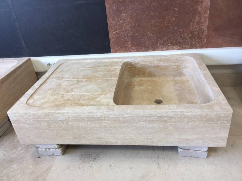 Evier pierre Paris, Alès 90x60x18cm 1 bac et 1 égouttoir en pierre TRAVERTIN