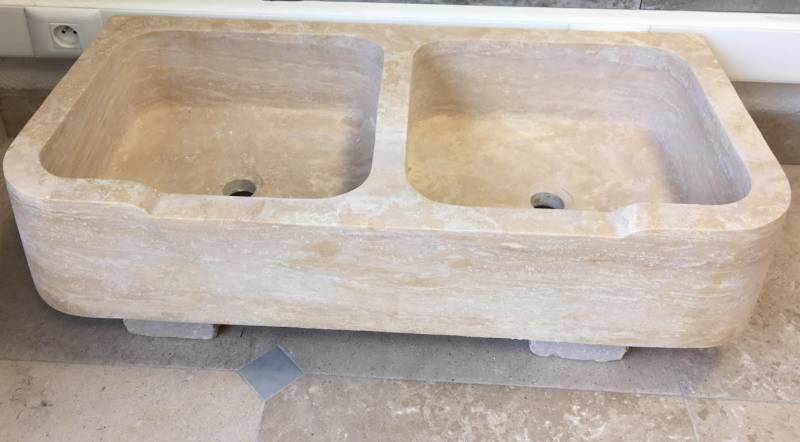 Evier pierre Arles 90x45x18cm 2 bacs en pierre naturelle TRAVERTIN